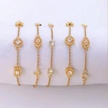 閃亮的18k金鍍銅女士水滴矩形橢圓多邊形項鍊手鍊,智慧優雅的不鏽鋼鍊手鍊,適合約會穿著 - 金黃色 - 查看 1