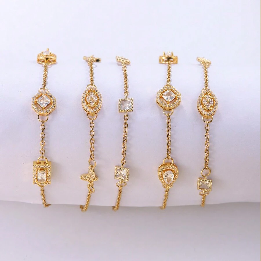 閃亮的18k金鍍銅女士水滴矩形橢圓多邊形項鍊手鍊,智慧優雅的不鏽鋼鍊手鍊,適合約會穿著 - 金黃色 - 查看 1