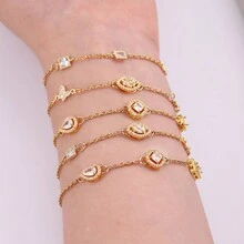 閃亮的18k金鍍銅女士水滴矩形橢圓多邊形項鍊手鍊,智慧優雅的不鏽鋼鍊手鍊,適合約會穿著 - 金黃色 - 查看 4