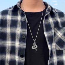 1pc Creative Vintage Chinese Dragon Pendant Necklace, Hip Hop Style - Antique Silver - View 6