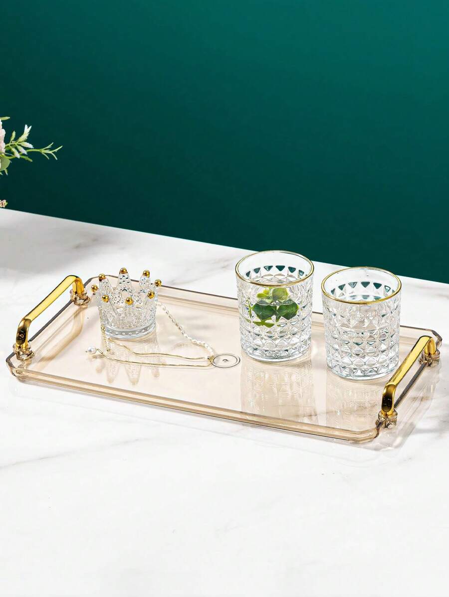 1pc-Restaurant Serving Tray Gold Acrylic Tray With Gold Handle And Frame Plastic Rectangular Decorative Tray Suitable For Bar, Living Room, Bathroom, Kitchen, Party, Coffee, Tea, Paper Cupcake Tray Decorations - Gold - View 1