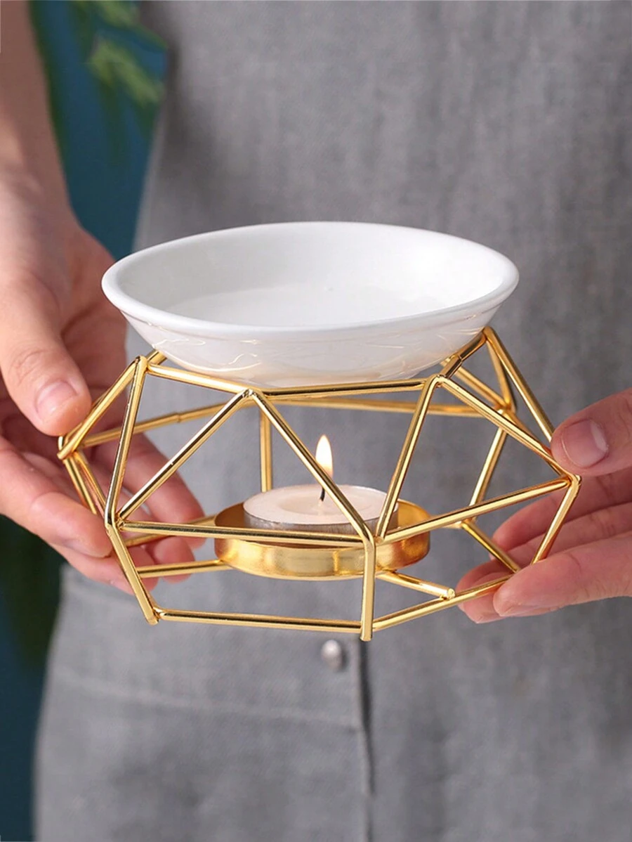 1個/套鐵藝幾何燭台,配有陶瓷碗加熱香薰油和水療香薰 - 金色 - 查看 1