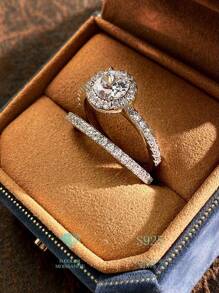 ESBERRY 2入組 S925純銀0.8ct立方氧化矽訂婚戒指結婚戒指圓形承諾戒指永恆戒指週年慶典豪華珠寶女士禮物 - 銀色 - 查看 3