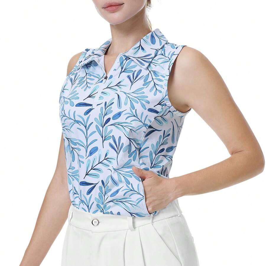 BEROY Nữ Không Tay Golf Áo Sơ Mi Polo Tennis Áo Sơ Mi Có Túi Nhẹ Nửa Khóa Kéo Lên Tập Luyện Golf Xe Tăng Cao Cấp - Xanh và trắng - Xem 1