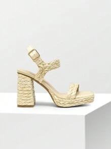 Women High Heel Sandals, Ankle Strap Open Toe Chunky Heel Platform Summer Sandals, For Wedding, Party, Dating, Prom - 裸色編織 - 查看 5