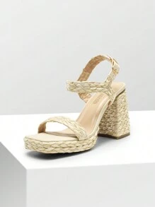 Women High Heel Sandals, Ankle Strap Open Toe Chunky Heel Platform Summer Sandals, For Wedding, Party, Dating, Prom - 裸色編織 - 查看 2
