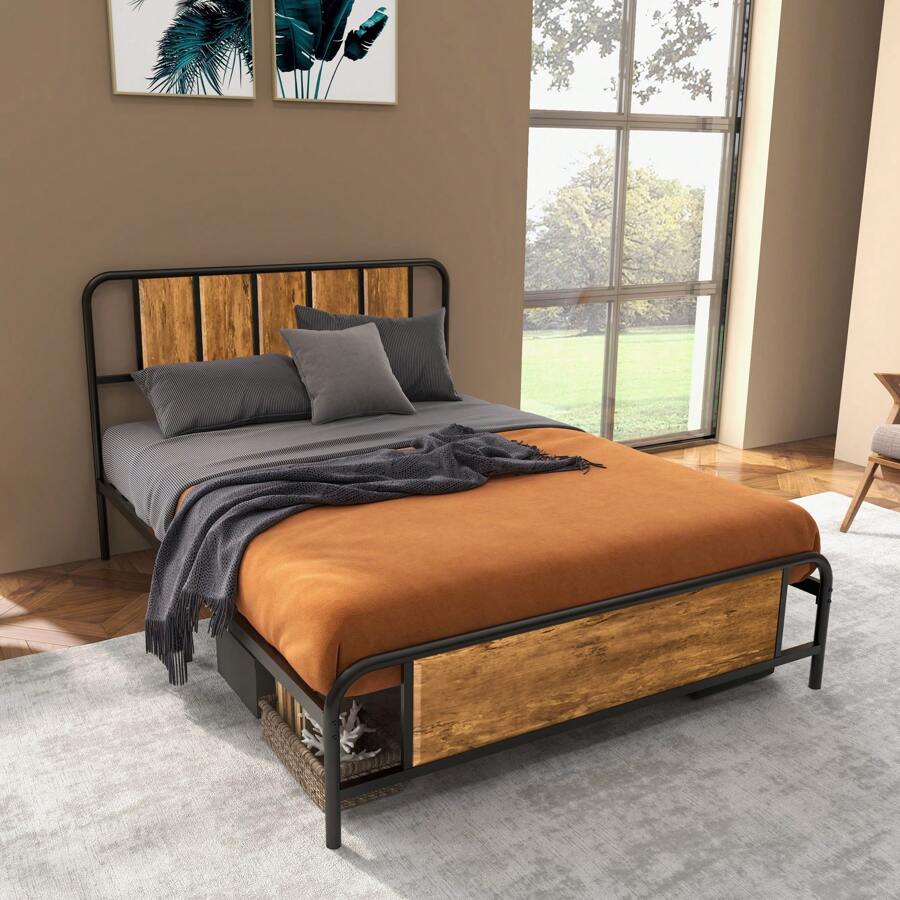 HOMCOM 4.8ft Double Bed Frame With Industrial Wood Headboard, Steel Slat Support And 25.5cm Underbed Storage Space, 145 X 199cm, Rustic Brown - Rust Brown - View 1