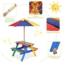 Children's Furniture, Made Of Fir Wood, Picnic Table With Bench For Children, With Parasol, Children's Seating Group For 4 Toddlers, Suitable For Indoors And Outdoors, Garden, Balcony, Beach (Model 1) - Multicolor - View 2