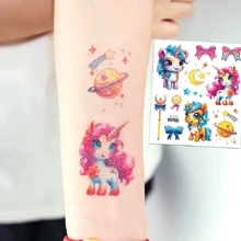 6 件裝閃光獨角獸臨時紋身貼紙適合女孩男孩,閃光卡通防水獨角獸彩虹蝴蝶結翅膀魔術棒星星閃亮圖案,非常適合睡眠和生日派對用品、禮物、禮袋填充物,持續 2-5 天 - 淺粉色 - 查看 6
