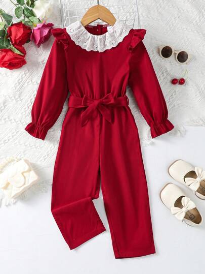 Mono rojo para jóvenes con empalme de ribete de volantes y cordón en la espalda