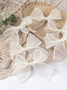 6pcs Beige Mesh Bow Hair Clips, Suitable For Girls, Minimalist Teenage Hair Accessories - White - View 5