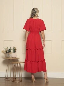Vestido Liso Decote em V manga curta Soltinho/Gestante - Vermelho - Visão 3