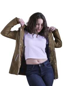 Chamarra Chaqueta Abrigo Cazadora Tipo Gabardina de Forro Interno Gorro Desmontable Dama Moda - Verde militar - Ver 3