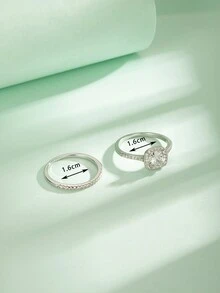 2入組奢華幾何大號aaa鉆石做工銀色戒指,女士多重組合婚禮首飾禮物 - 銀色 - 查看 7