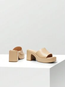 Women Minimalist Square Toe Chunky Platform Heeled Mule Sandals Elegant Slip On Square Open Toe Heeled Sandals For Outgoing School Party Prom - 杏色 - 查看 5