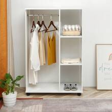 HOMCOM Open Wardrobe With Hanging Rail And Storage Shelves W/Wheels Bedroom - White - View 9