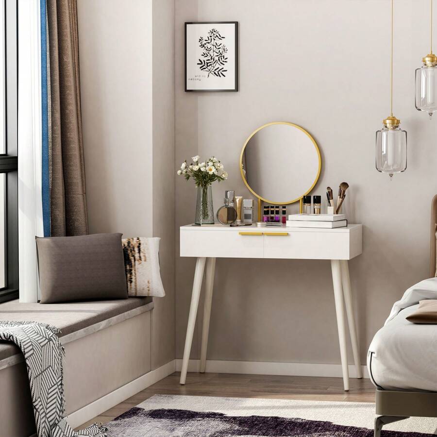HOMCOM Modern Dressing Table With Round Mirror, Makeup Vanity Table With 2 Drawers For Bedroom, Living Room, White