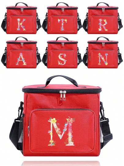 Borsa termica isolata per il pranzo, borsa a tracolla in tela, lunch box con stampa iniziale del nome da A a Z, lettere rosa e motivi floreali, borsa shopping capiente, borsa porta pranzo portatile per donne, ufficio, scuola, picnic, campeggio, viaggi
