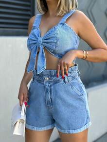 Women Denim Two-Piece Outfits - 中等水洗藍 - 查看 4