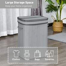HOMCOM 70L Natural Wood Laundry Basket A Compartment W/Flip Lid Removable Lining Handles Board Base Foldable Durable Water-Resistant Dirty Clothes Storage Home Organisation Grey