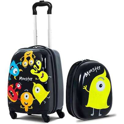 Children's Suitcase With Backpack, Kids Trolley, Children's Luggage With Wheels, Travel Suitcase With Telescopic Handle, Hard Case For Children, Children's Trolley Choice Of Colors (12"+16", Monster)