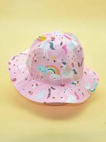 1 件儿童可爱卡通彩虹马印花休闲大帽檐可调节渔夫帽，春夏 - 粉色 - 查看 5