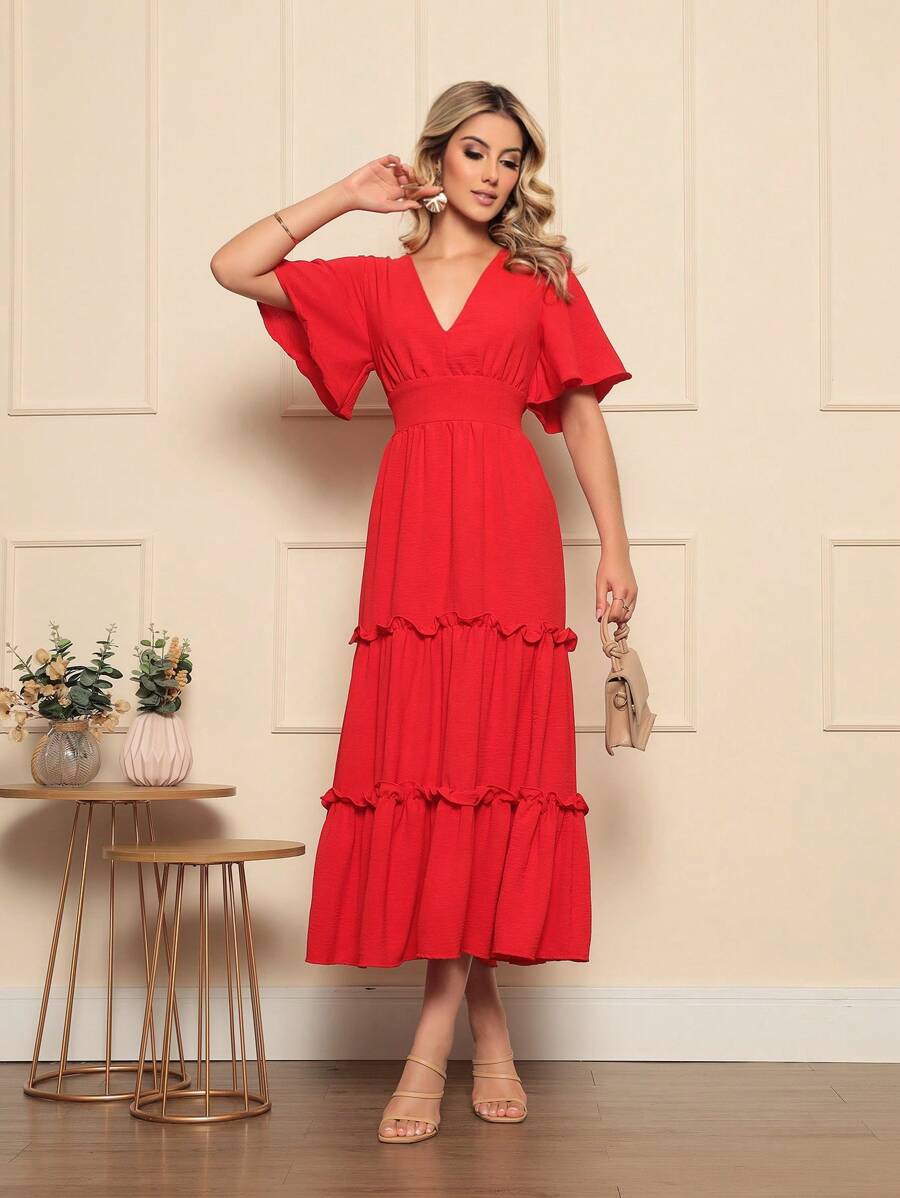 Vestido Liso Decote em V manga curta Soltinho/Gestante - Vermelho - Visão 1
