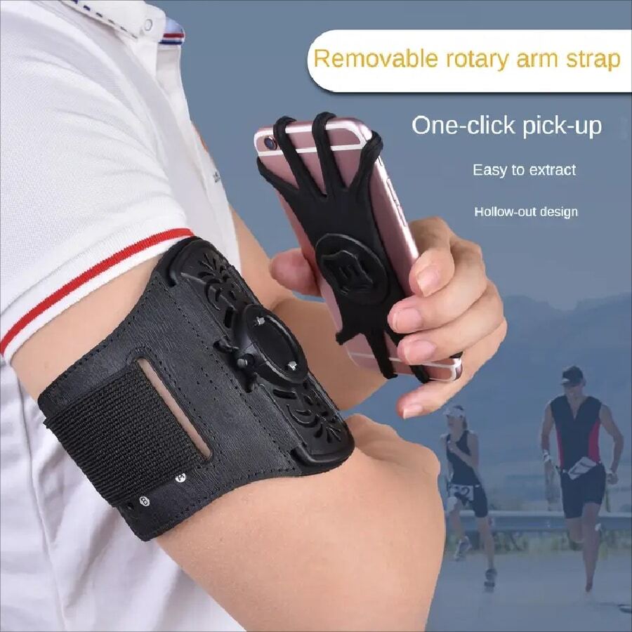 Brazo giratorio deportivo de 360 grados con bolso de brazo de teléfono móvil para correr al aire libre soporte de teléfono móvil extraíble - Negro - Ver 1