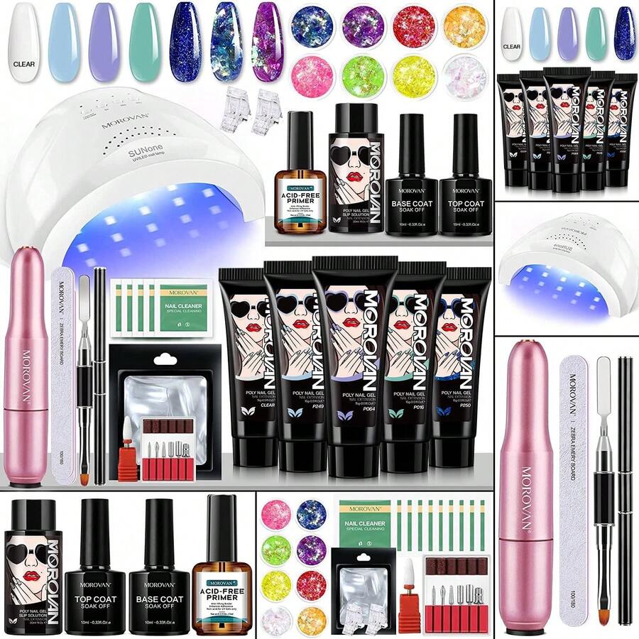 Morovan Kit de uñas de gel de polietileno con taladro y lámpara – Kits profesionales de gel de polietileno con luz de 48 W para principiantes, kit completo de uñas de gel de extensión de uñas de gel - Multicolor - Ver 1