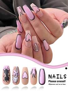 24pcs Long Coffin Press-On Nails Fun Manga Style Frosted Pink Heart Bow Flame Kitten Full Coverage Painted Press-On Nails Suitable For Ladies And Girls Press On Nails Nail Supplies - Multicolor - View 1