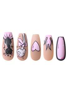 24pcs Long Coffin Press-On Nails Fun Manga Style Frosted Pink Heart Bow Flame Kitten Full Coverage Painted Press-On Nails Suitable For Ladies And Girls Press On Nails Nail Supplies - Multicolor - View 4