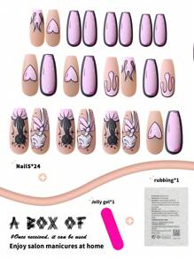 24pcs Long Coffin Press-On Nails Fun Manga Style Frosted Pink Heart Bow Flame Kitten Full Coverage Painted Press-On Nails Suitable For Ladies And Girls Press On Nails Nail Supplies - Multicolor - View 3