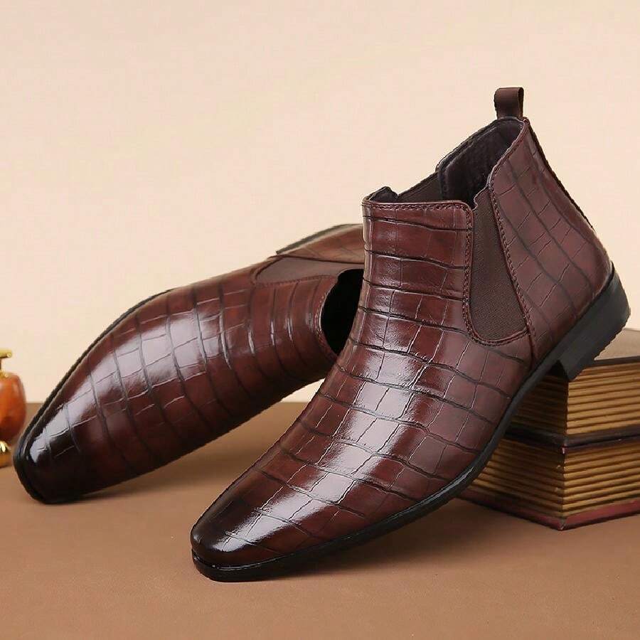 Men's Crocodile Skin Pattern High Top Leather Boots For Autumn And Winter Fashion - Brown - View 1