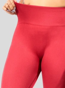 Leggings deportivos canalé stretch de cintura ancha mallas de deporte mujer - Rojo - Ver 4
