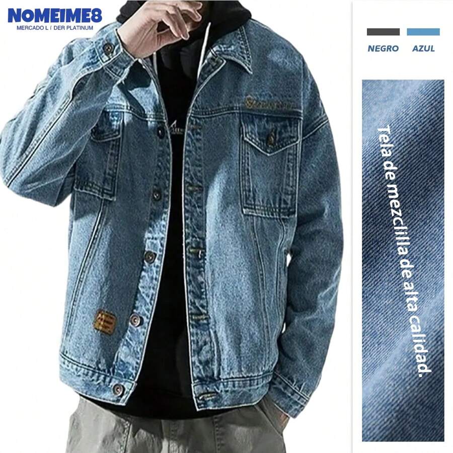 Chamarra Holgada De Moda De Mezclilla Bordada Para Hombre - Azul - Ver 1