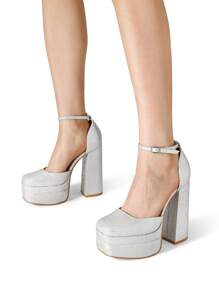 Women's High Chunky  Platform Glitter Pumps Closed Toe Block Heels Square Toe Ankle Strap Dress Christmas Wedding Party Prom Heels Shoes - Bạc/Lấp lánh - Xem 7