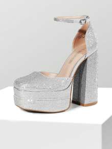 Women's High Chunky  Platform Glitter Pumps Closed Toe Block Heels Square Toe Ankle Strap Dress Christmas Wedding Party Prom Heels Shoes - Bạc/Lấp lánh - Xem 2