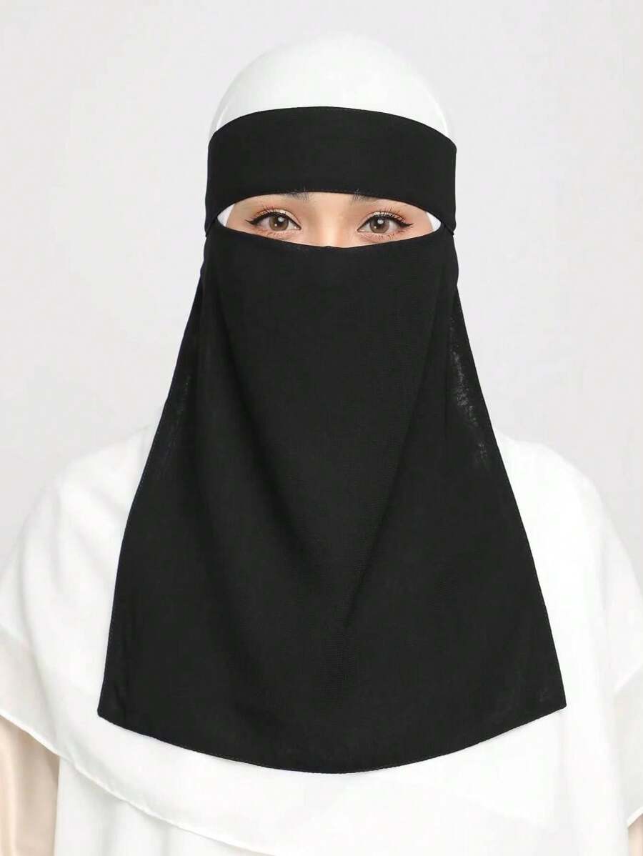 1pc Pearl Chiffon Soft & Skin-Friendly Solid Color Face Veil - Black - View 1