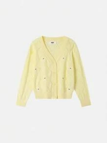 Annil Áo len cardigan nữ tuổi teen mùa xuân và mùa thu cổ chữ V bằng cotton nguyên chất Áo len cardigan đan ngọt ngào màu xanh - Màu vàng - Xem 1