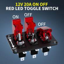 1pc 3 Gang Red 12V LED Light Toggle Switch 3 Pin SPST Rocker Switch Panel With Red Switch Aircraft Cover Heavy-Duty ON OFF Switch Plate DIY Cables Terminals For Car - Red - View 4
