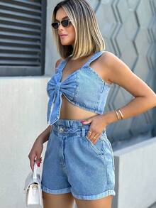 Women Denim Two-Piece Outfits - 中等水洗藍 - 查看 5