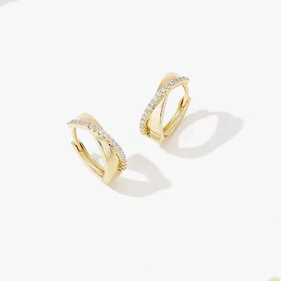 1 Pair Luxury Petite Micro Paved Rhinestone Criss-Cross Hoop Earrings, Suitable For Valentine's Day And Daily Wear - Yellow Gold - View 1