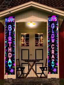 2件/套 30*180厘米 荧光涤纶生日门帘，印有“生日快乐”字样，生日派对背景装饰，室内/室外悬挂横幅，圣诞节 - 彩色 - 查看 7