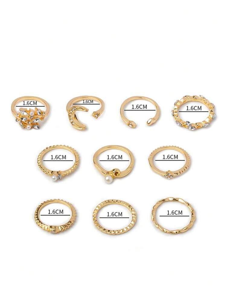 10 piezas/set Anillo con diseño de diamante de imitación - Dorado - Añade 5