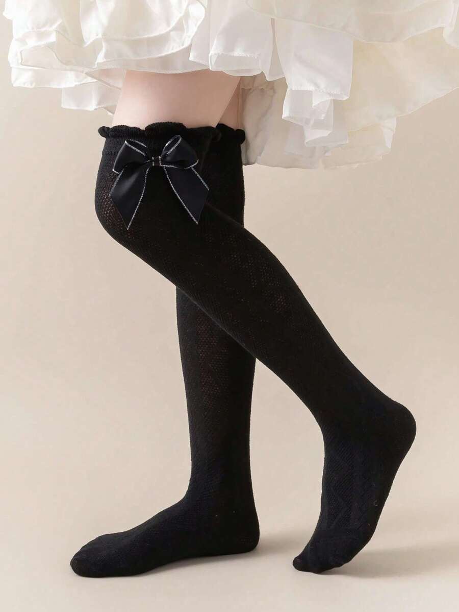 1pair Toddler Girls' Diamond Pattern Mesh Over Knee Socks With Bowknot & Lace Trim, Suitable For Daily Wear - Black - View 1