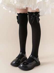 1pair Toddler Girls' Diamond Pattern Mesh Over Knee Socks With Bowknot & Lace Trim, Suitable For Daily Wear - Black - View 2
