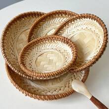 1 件竹编篮子托盘，适用于家庭餐厅酒店储存和整理，用作食物/面包/水果/蛋糕托盘，家用拼盘最佳礼物生日盘子厨房配件厨房装饰托盘水果托盘托盘装饰 - 米色 - 查看 1