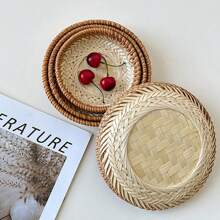 1 件竹编篮子托盘，适用于家庭餐厅酒店储存和整理，用作食物/面包/水果/蛋糕托盘，家用拼盘最佳礼物生日盘子厨房配件厨房装饰托盘水果托盘托盘装饰 - 米色 - 查看 7