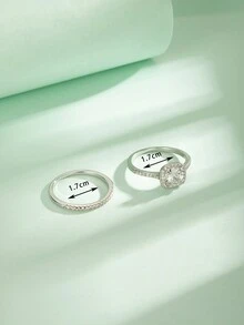 2入組奢華幾何大號aaa鉆石做工銀色戒指,女士多重組合婚禮首飾禮物 - 銀色 - 查看 5