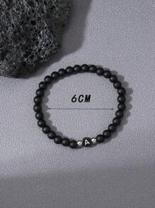 1 件优雅简约风格 26 个字母雕刻黑色哑光玛瑙串珠弹性手链，适合青少年、学生、朋友、姓名首字母手链礼物 - 黑色 - 查看 7